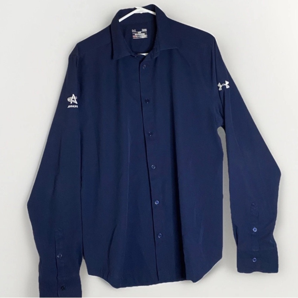 Under Armour Relaxed Long‎ Sleeve Button Navy Heatgear White Logo Work Shirt L